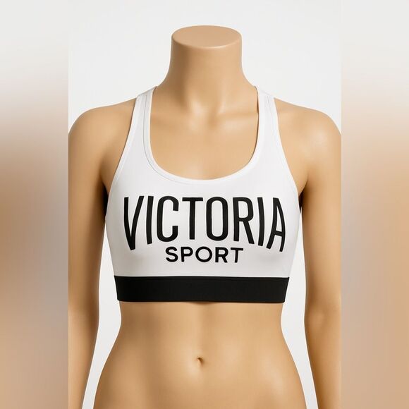 Victoria Sport White Black Spelled Out Strappy Back Unlined Sports Bra Sz S Gym - Picture 2 of 5